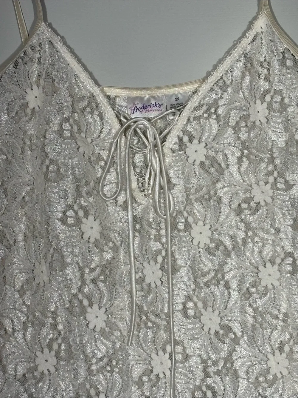 Vintage Fredericks Cami Tank Womens 2X White Lace Coquette Crop Elastic Straps